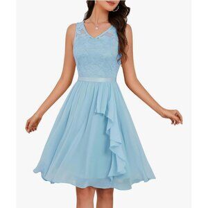 Meetjen Womens Large Blue Dress Lace Chiffon V-Neck Ruffle A-Line Wedding Party